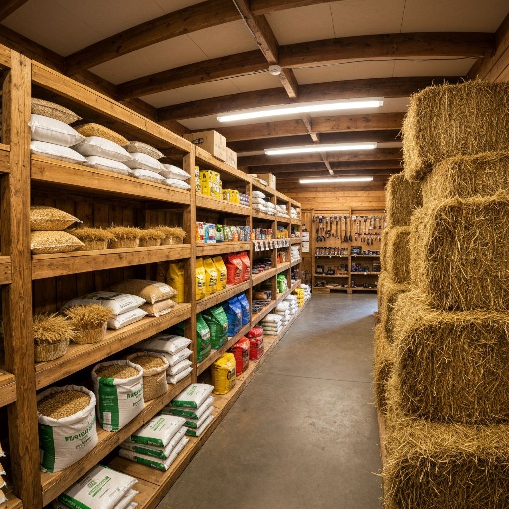 Interior of Highfields Produce store showing shelves stocked with animal feed and farm supplies